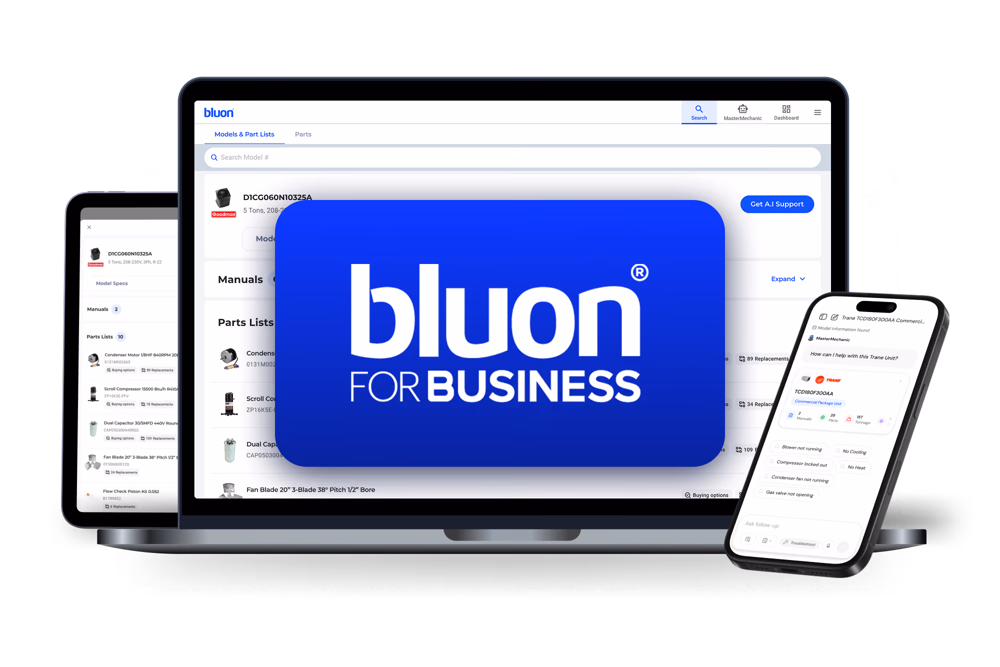 Bluon app on laptop and phone showing part search, replacement parts list, and AI chat support